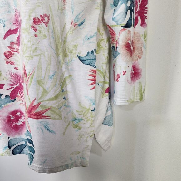 Chico's Tee Womens Size 1 Medium Floral Jungle Games Farren 3/4 Sleeve Grommets - Picture 6 of 10